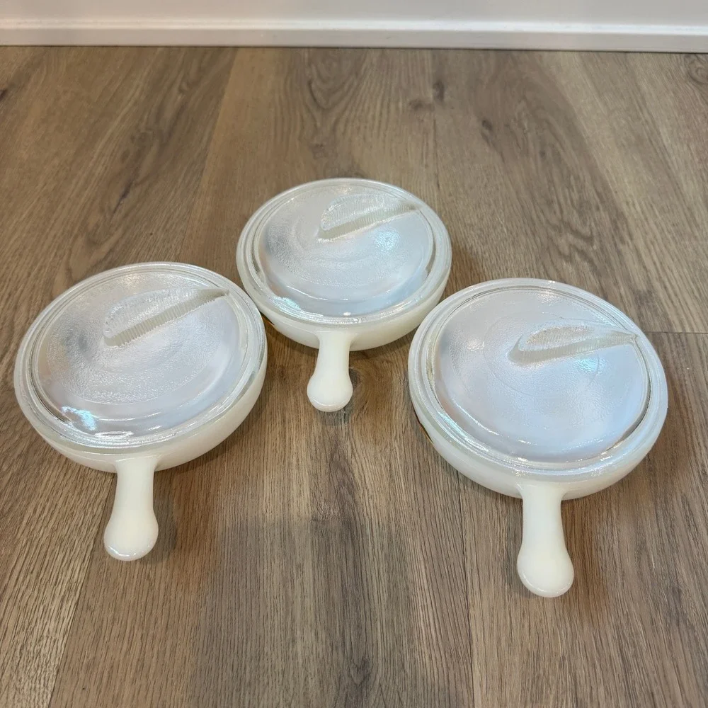 Vintage Glasbake Harvest Pear Milk Glass Soup Bowls with Fin Lids Set of 3 Small